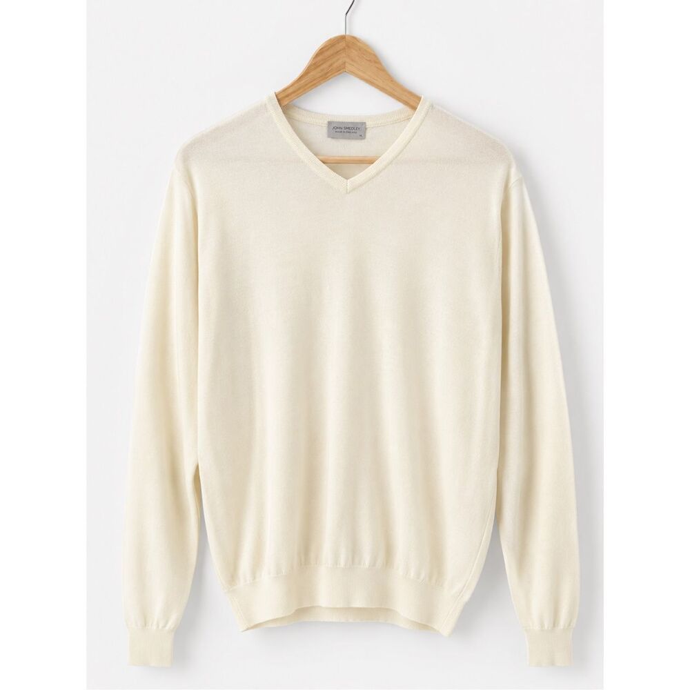 John Smedley XL V-Neck Sweater Ivory Wool Cotton Fine Knit Made in England